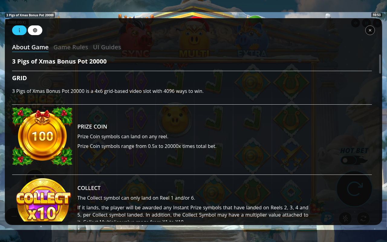 3 Pigs of Xmas Bonus Pot 20,000 information screen