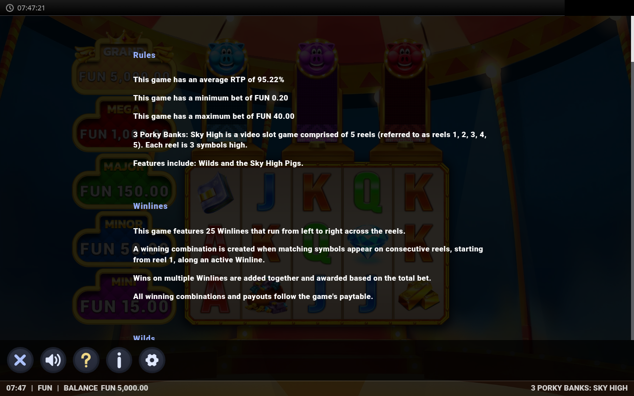 3 Porky Banks Sky High information screen