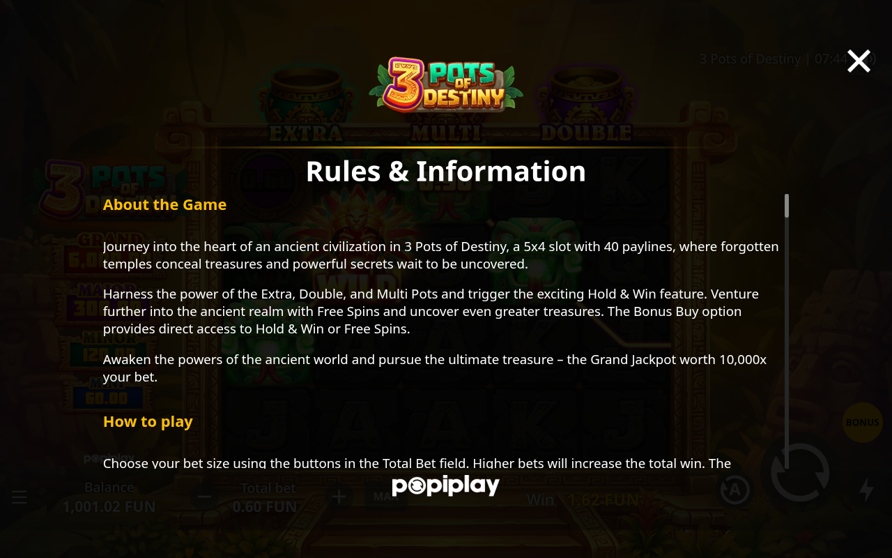 3 Pots of Destiny information screen
