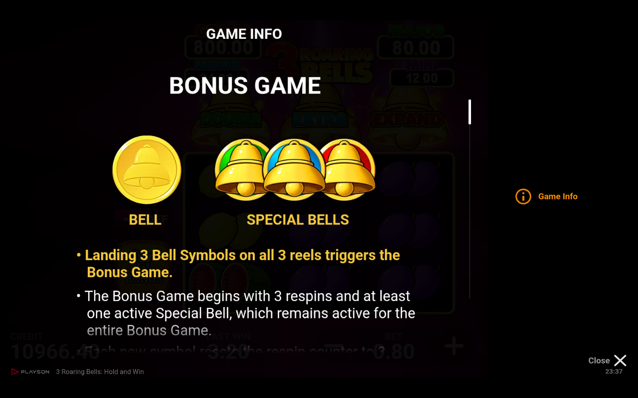 3 Roaring Bells Bonus Game rules