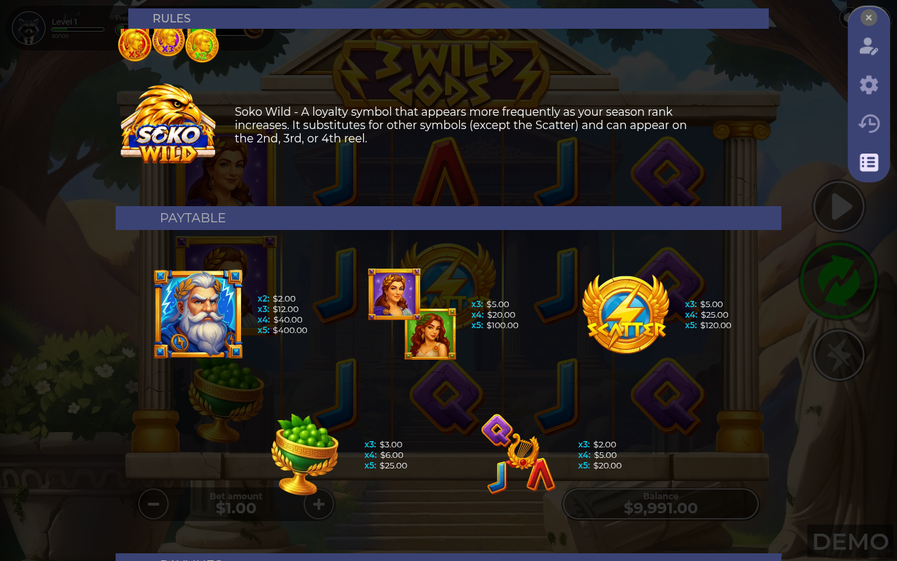 3 Wild Gods symbol values and paylines