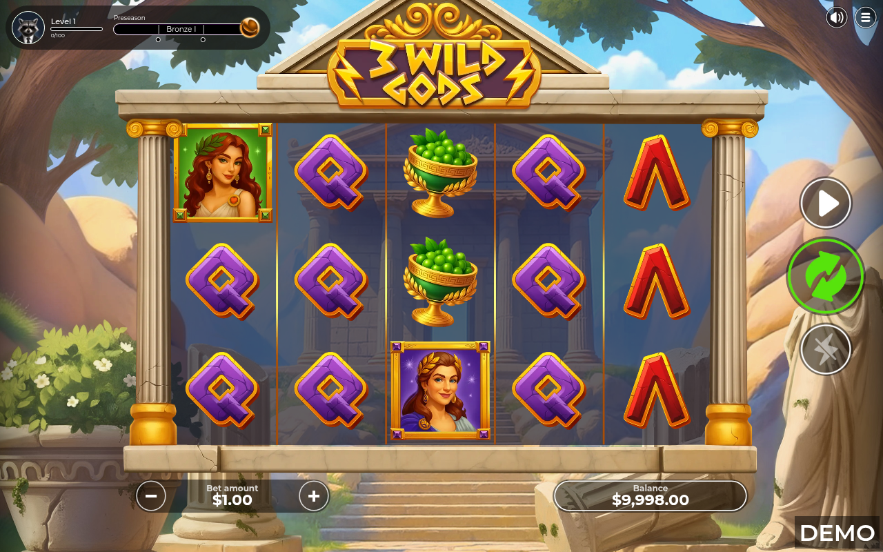 3 Wild Gods gameplay with stacked symbols