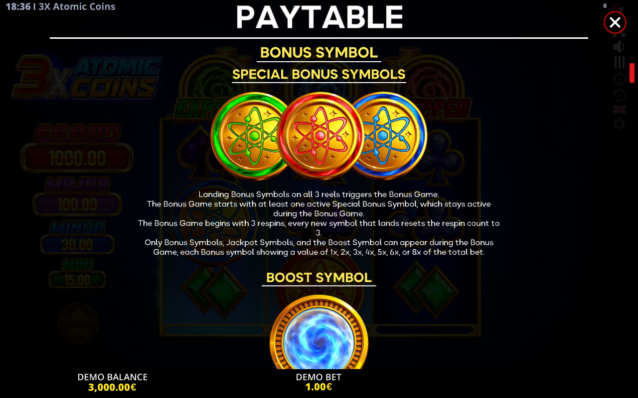 3X Atomic Coins information screen