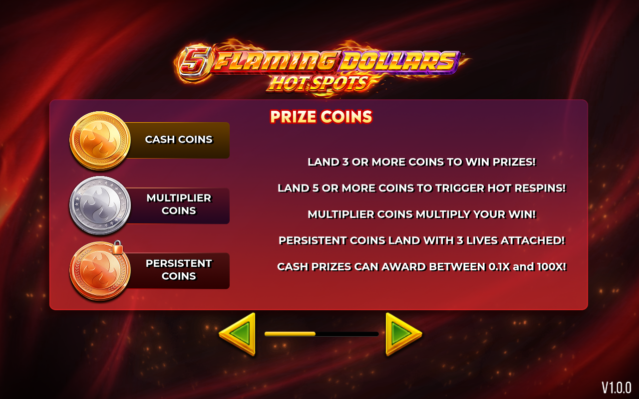 5 Flaming Dollars Hot Spots Prize Coins rules