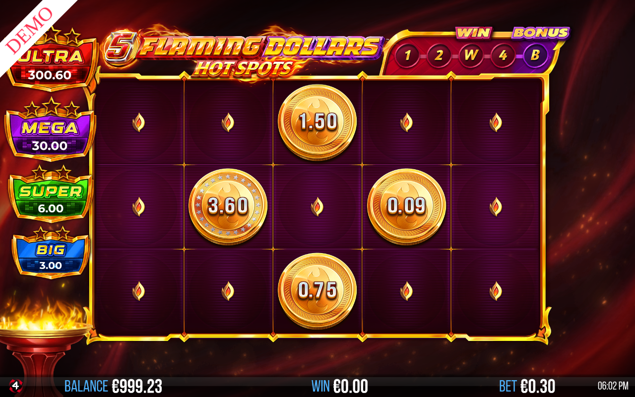 5 Flaming Dollars Hot Spots gameplay with coins and Hot Spots