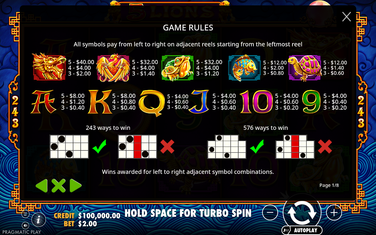 5 Lions information screen