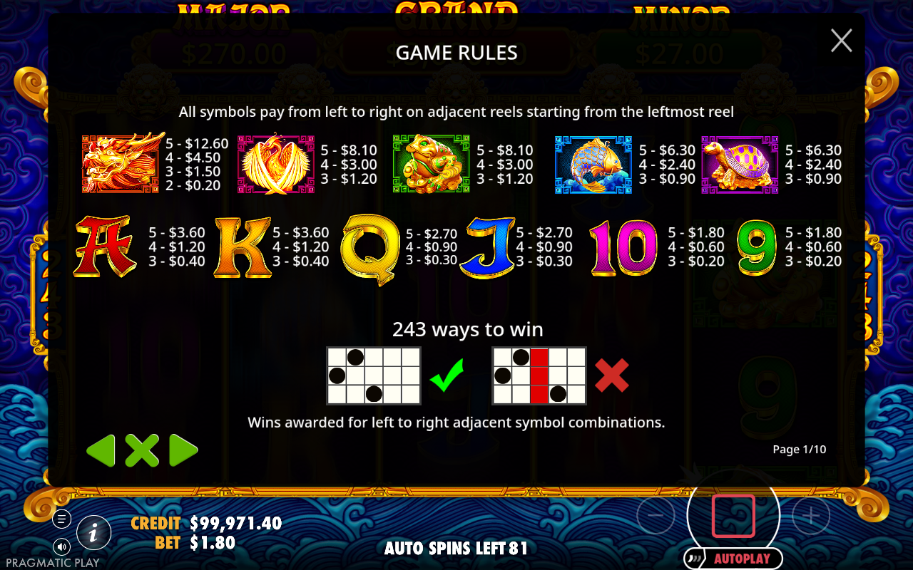 5 Lions Gold information screen