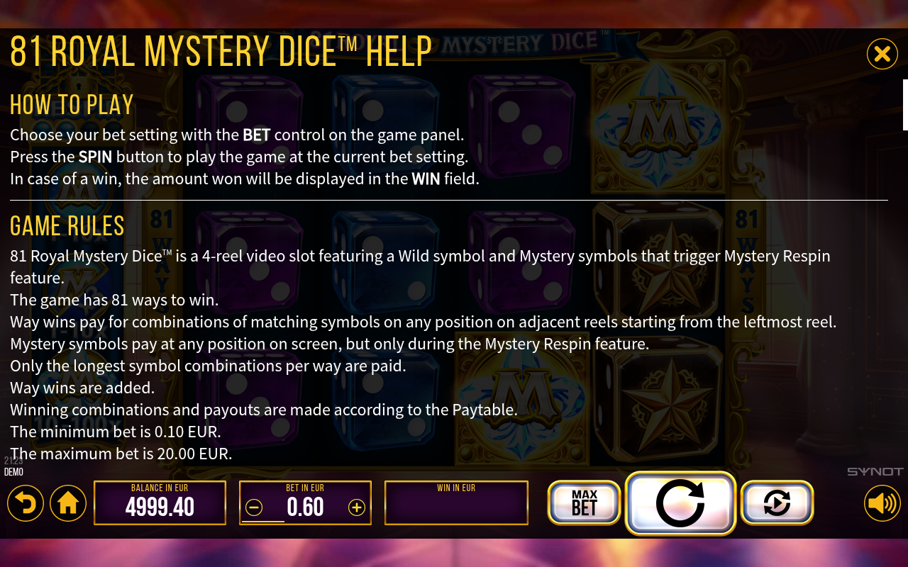 81 Royal Mystery Dice information screen