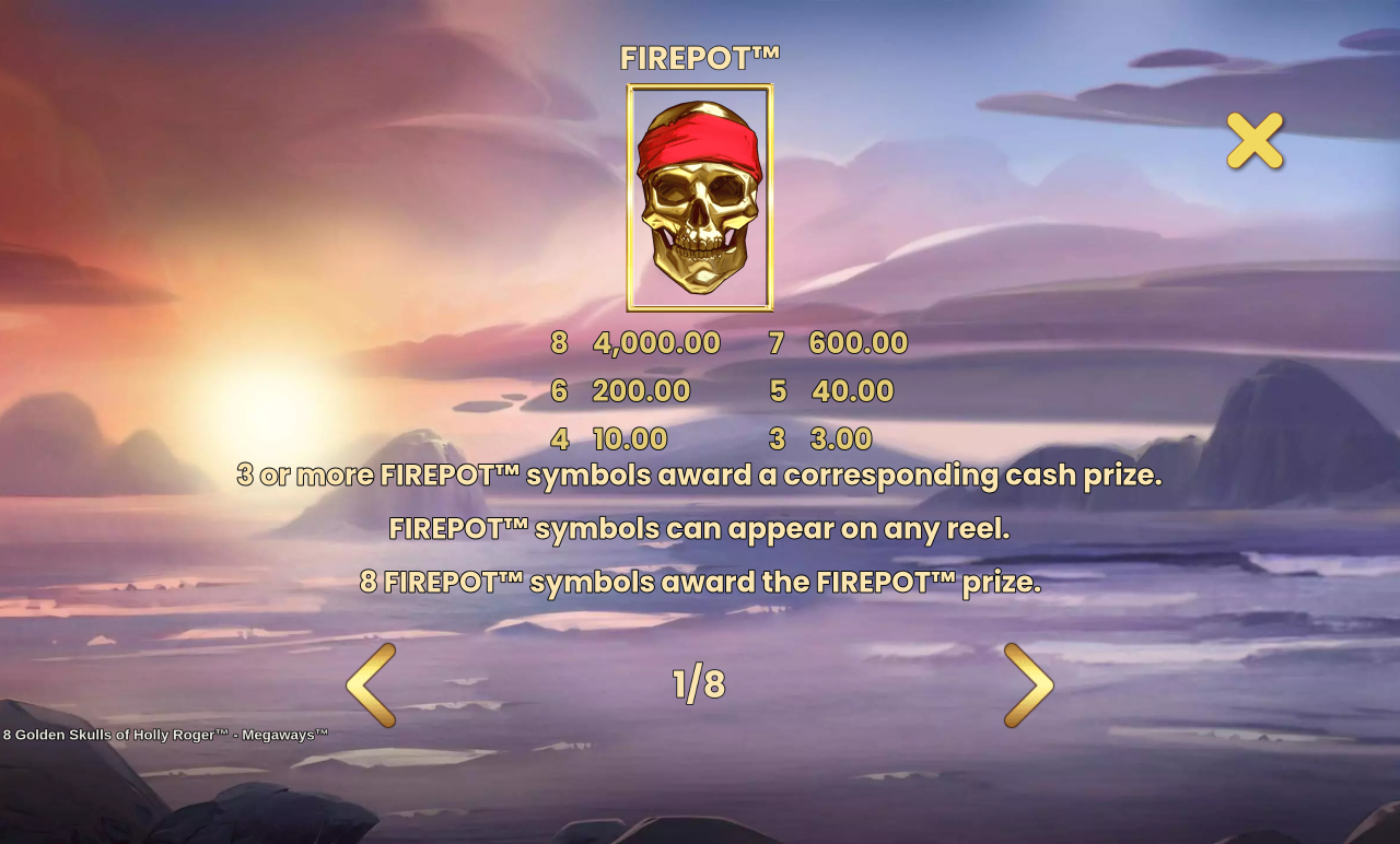 8 Golden Skulls of Holly Roger MEGAWAYS Firepot prize ladder