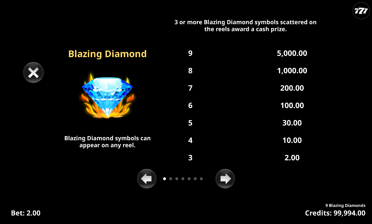 9 Blazing Diamonds information screen