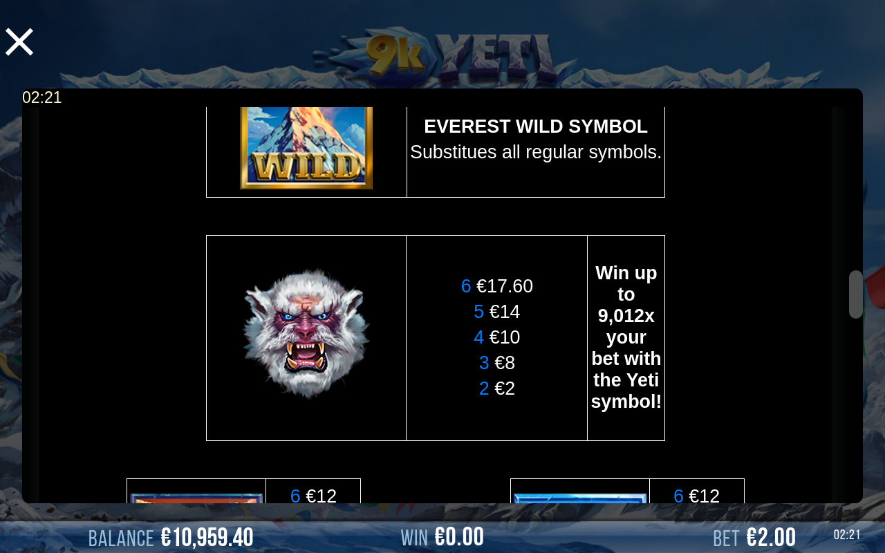 9k Yeti information screen