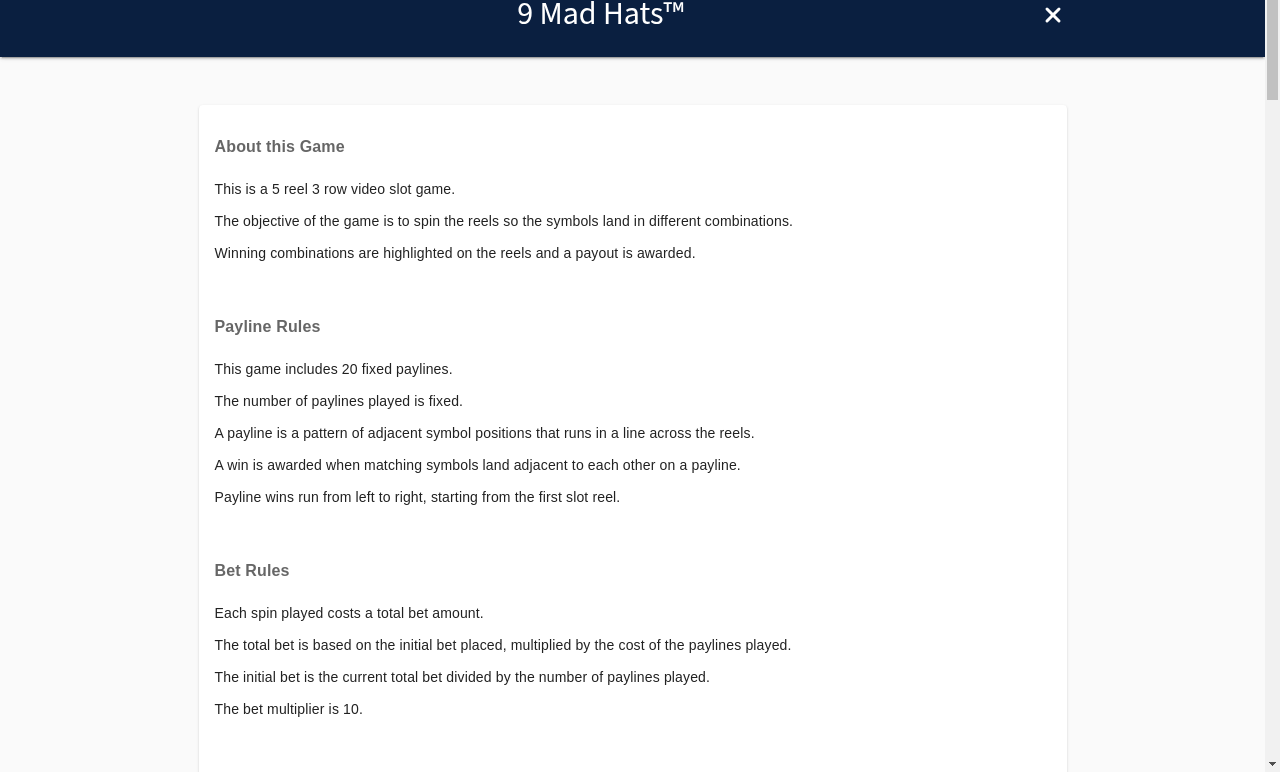 9 Mad Hats information screen