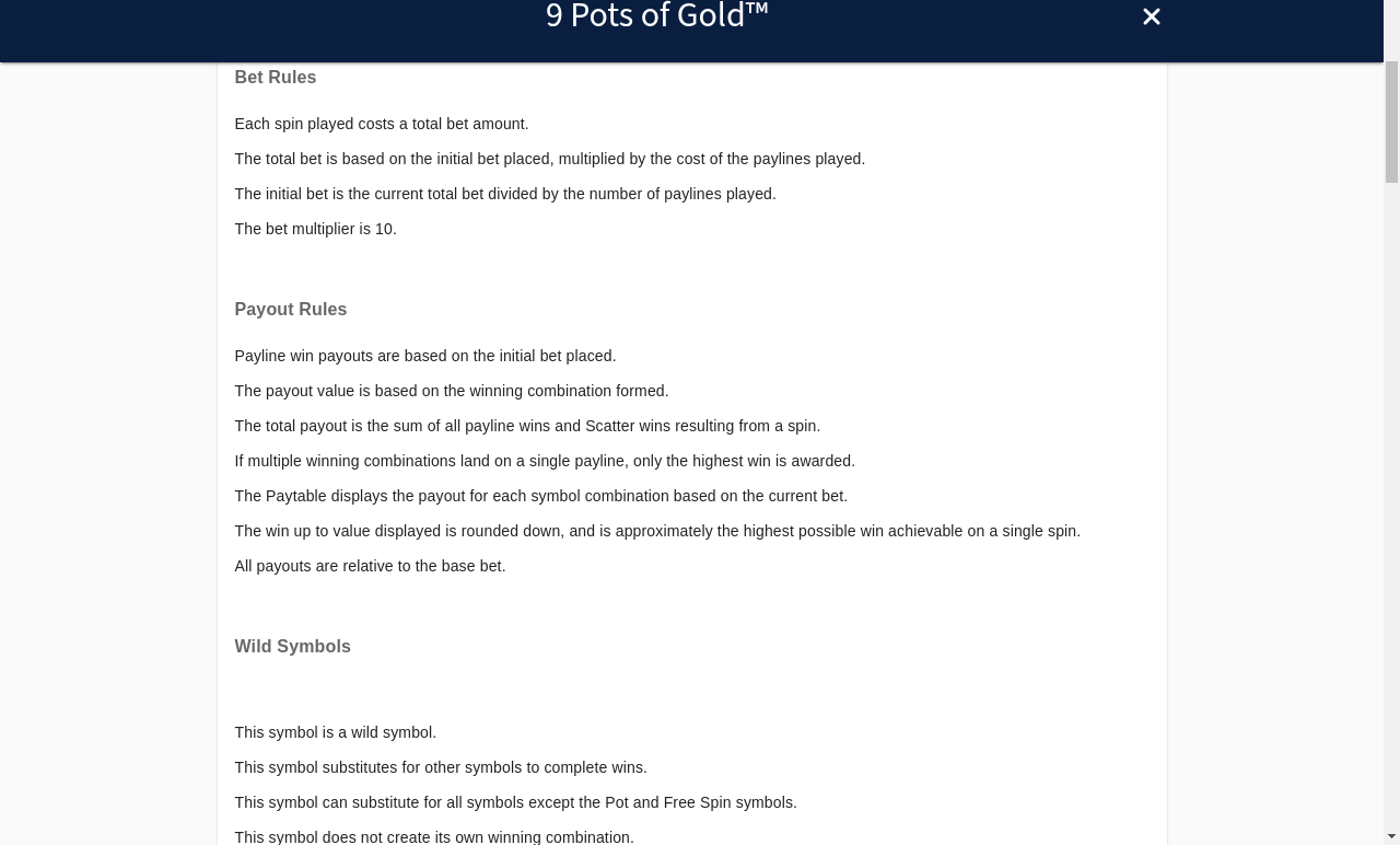 9 Pots of Gold information screen