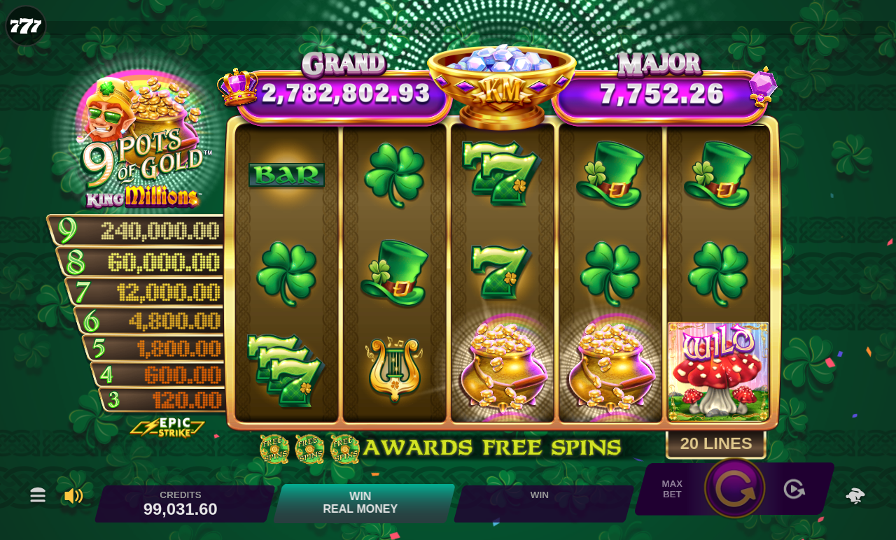 9 Pots of Gold King Millions gameplay showing the King Millions bonus chance