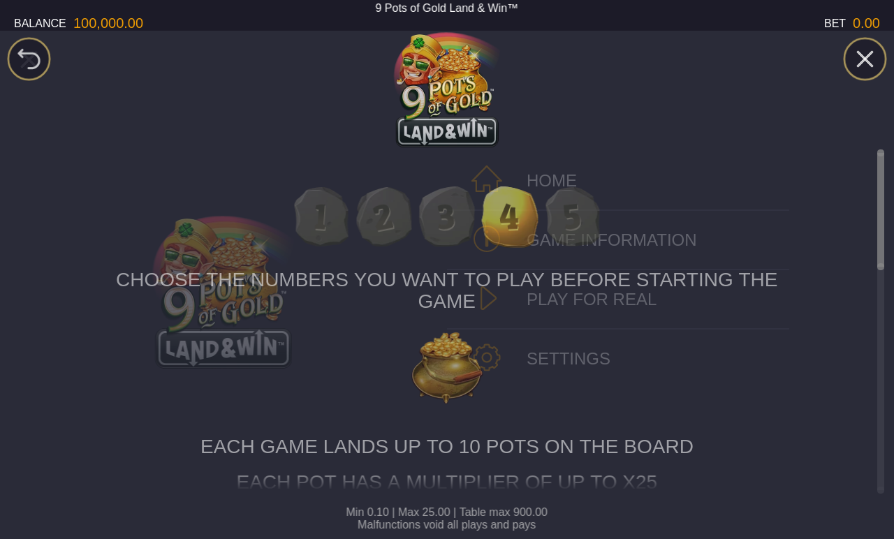 9 Pots of Gold Land & Win information screen