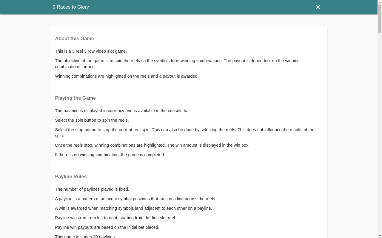 9 Races to Glory information screen