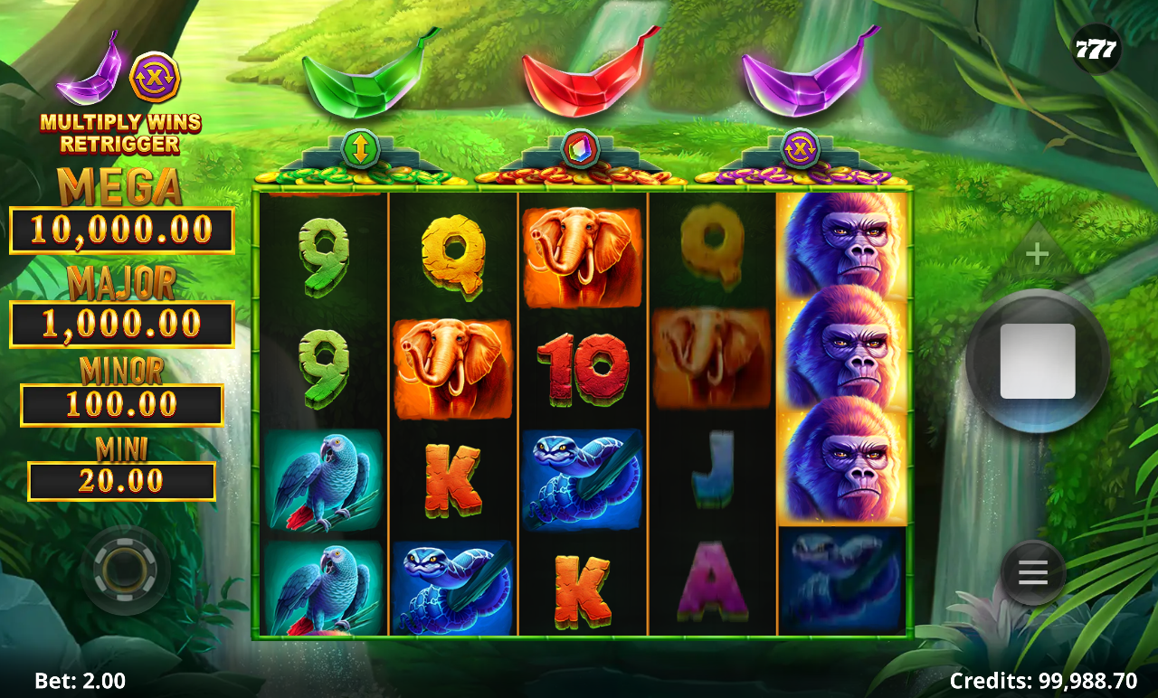 Action Boost Gorilla Gems gameplay showing retrigger banner