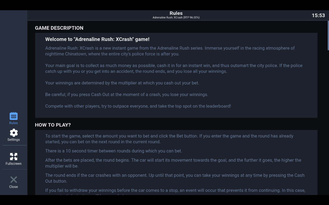 Adrenaline Rush XCrash information screen