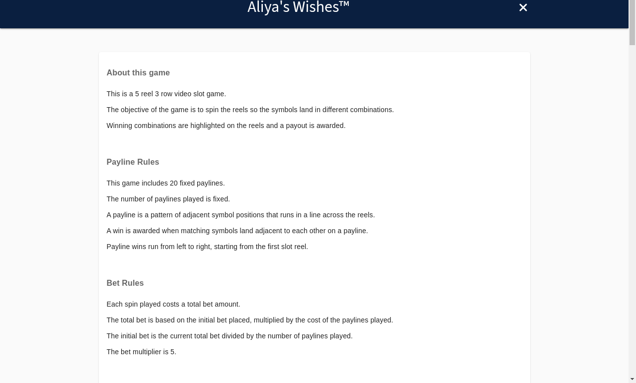 Aliyas Wishes game rules screen