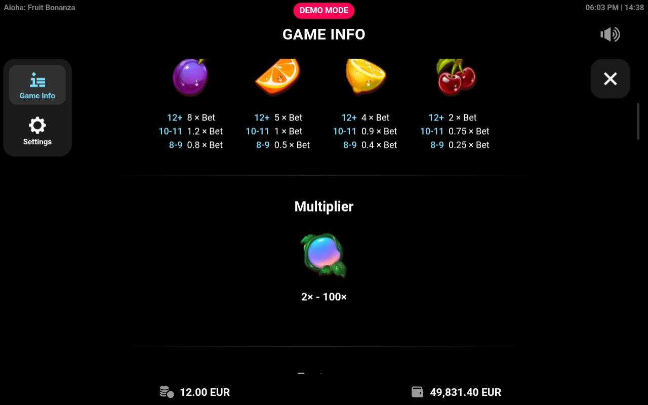 Aloha Fruit Bonanza information screen