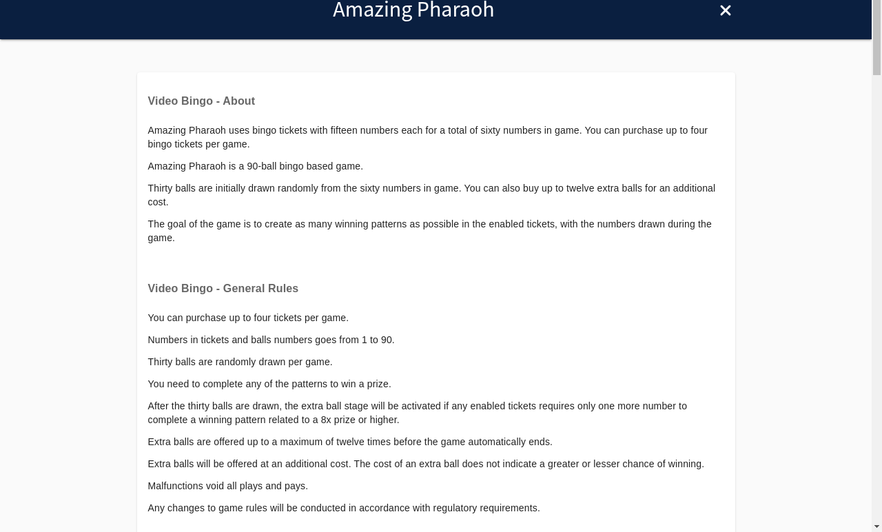 Amazing Pharaoh information screen