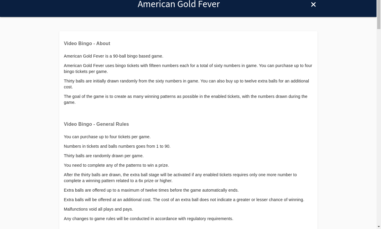 American Gold Fever information screen