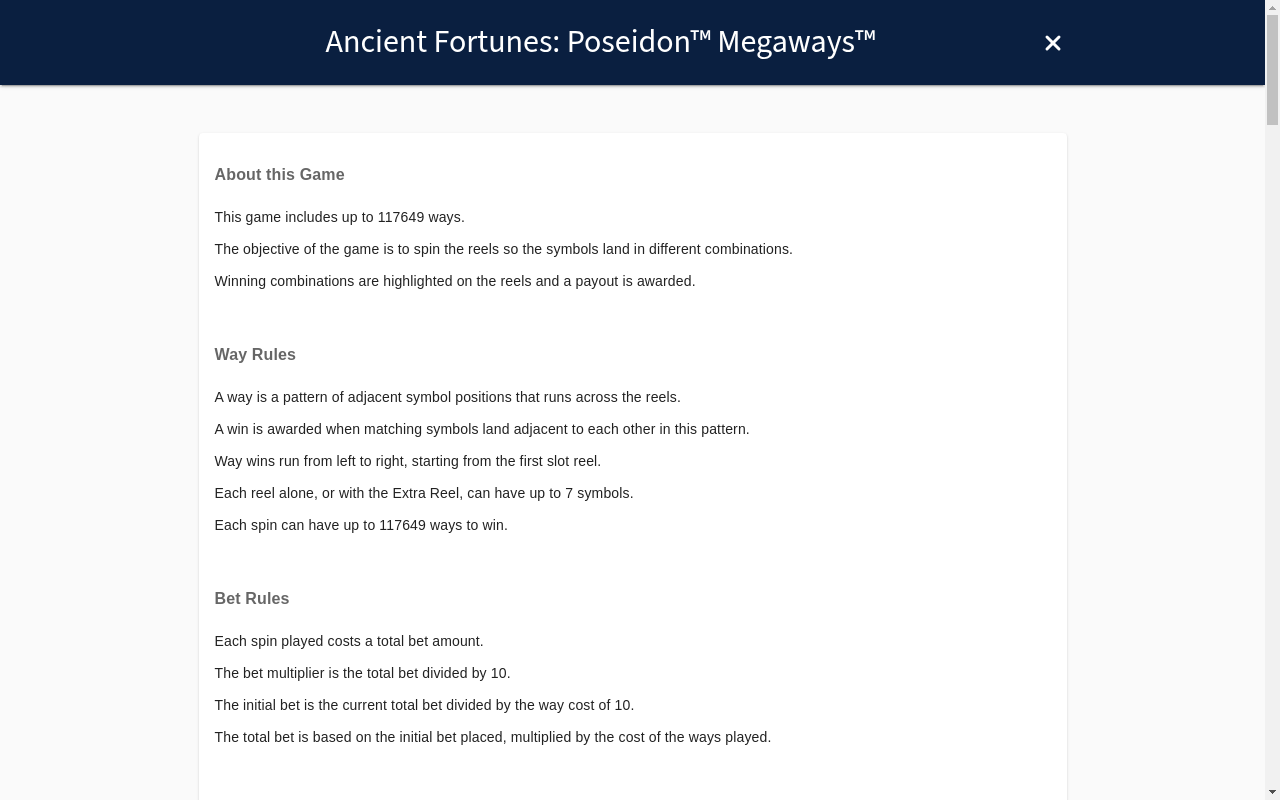 Ancient Fortunes Poseidon MEGAWAYS information screen