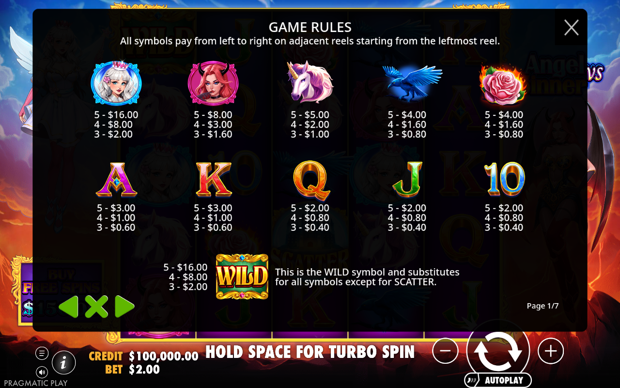 Angel Vs Sinner game rules screen
