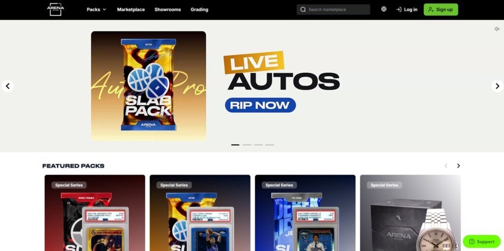 Arena Club card ripping site homepage