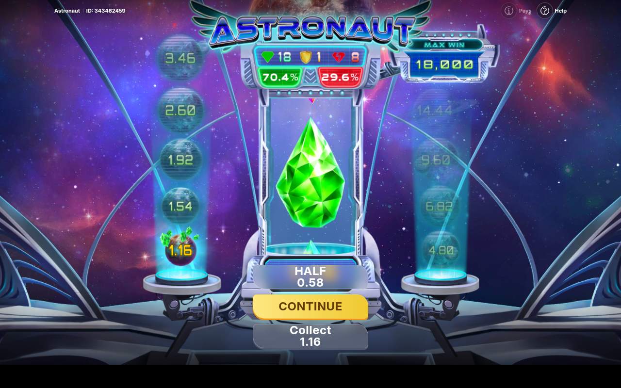 Astronaut gameplay with a Green Crystal landing