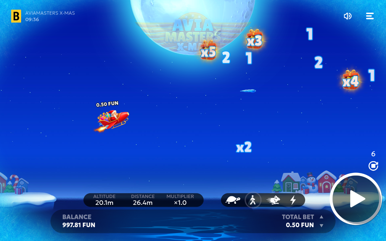 Aviamasters X-mas gameplay showing a sled flight with gift icons