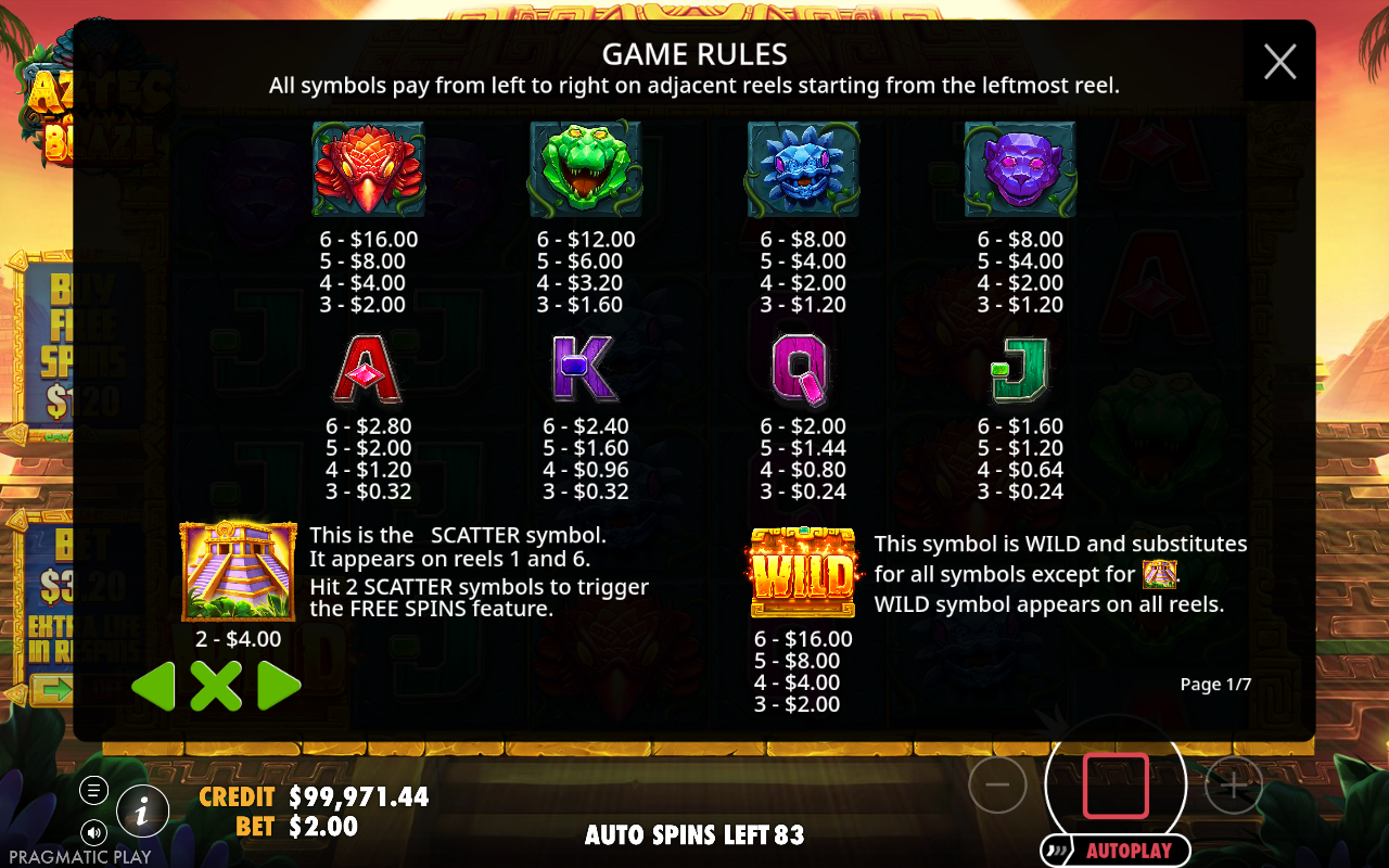 Aztec Blaze information screen