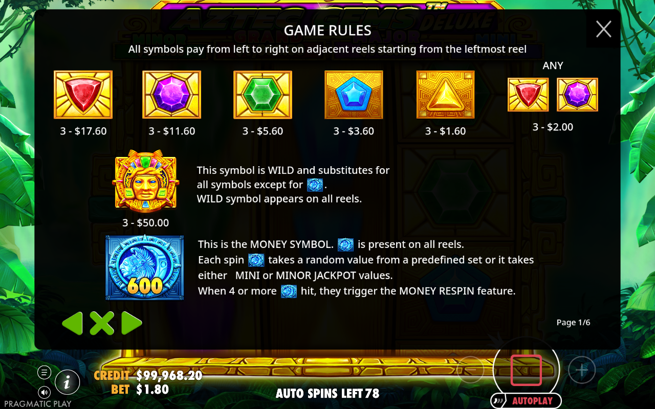 Aztec Gems Deluxe information screen