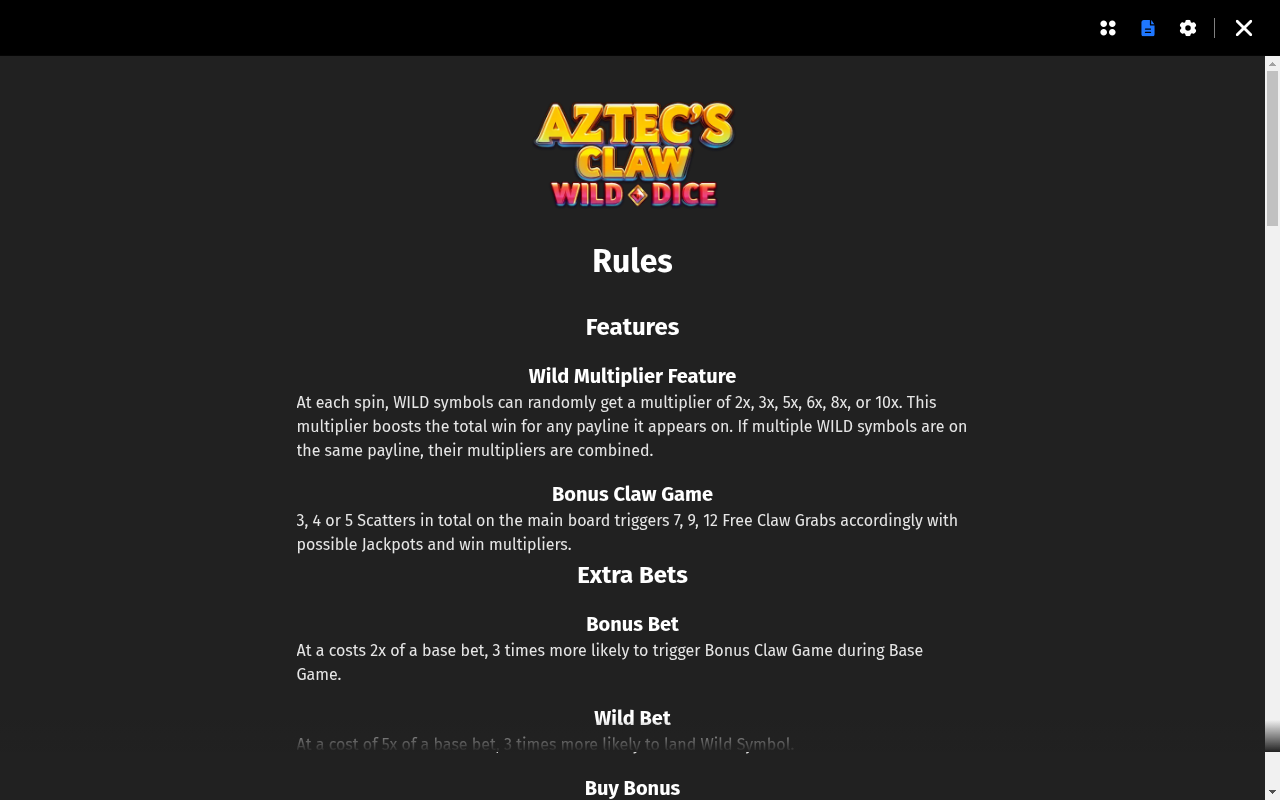 Aztec's Claw Wild Dice information screen