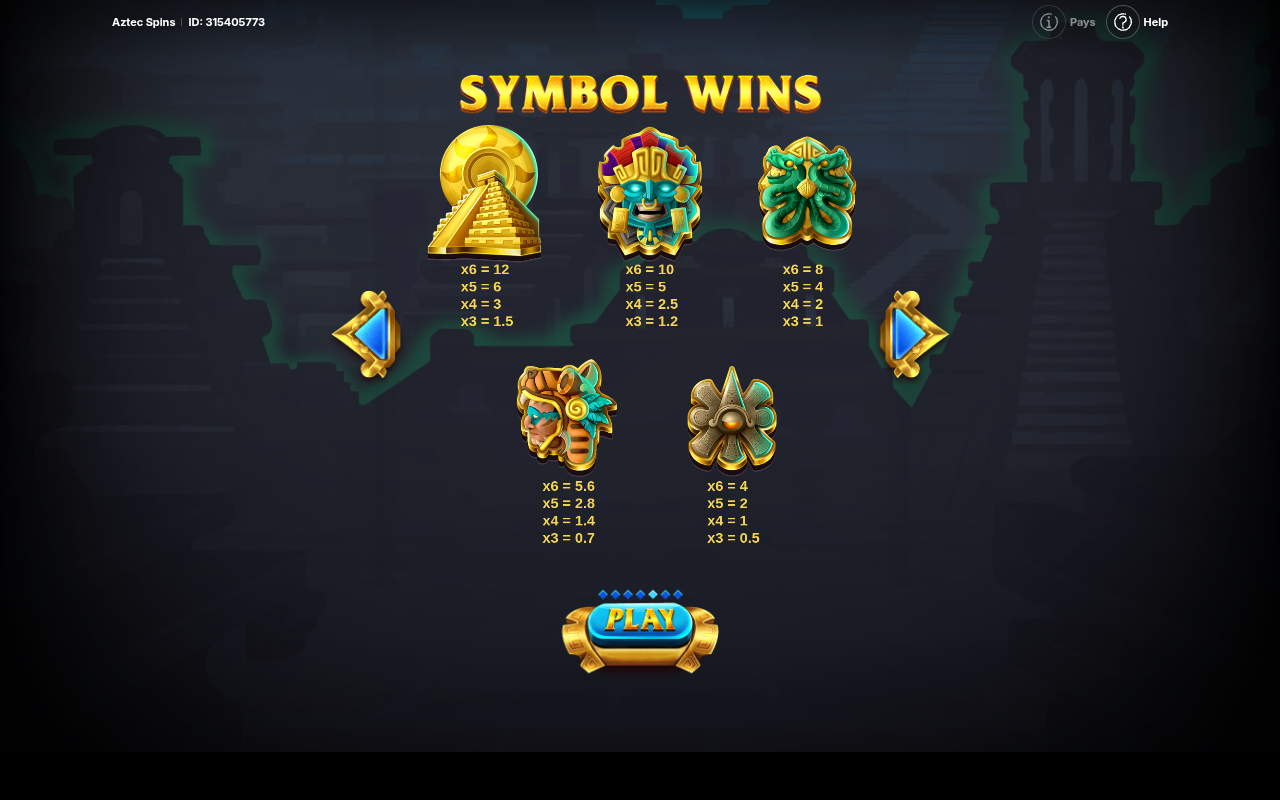 Aztec Spins information screen