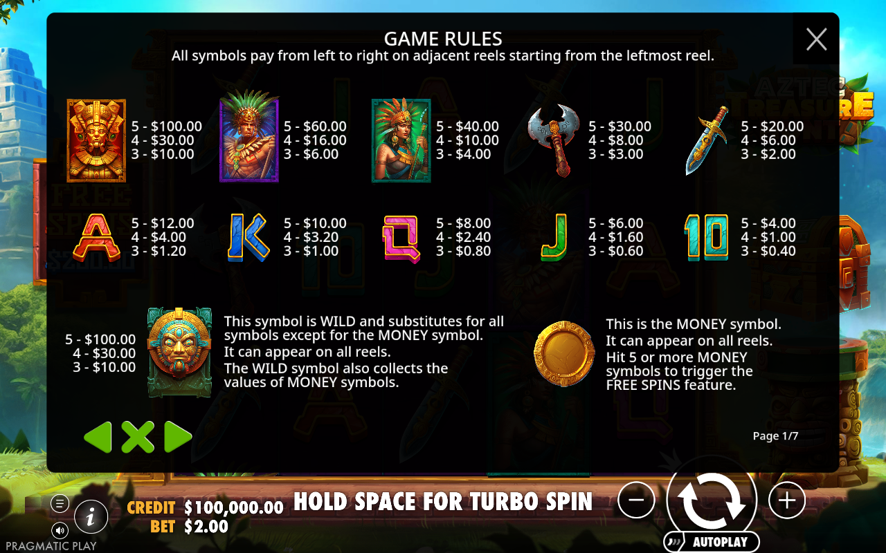 Aztec Treasure Hunt wild and money symbol rules