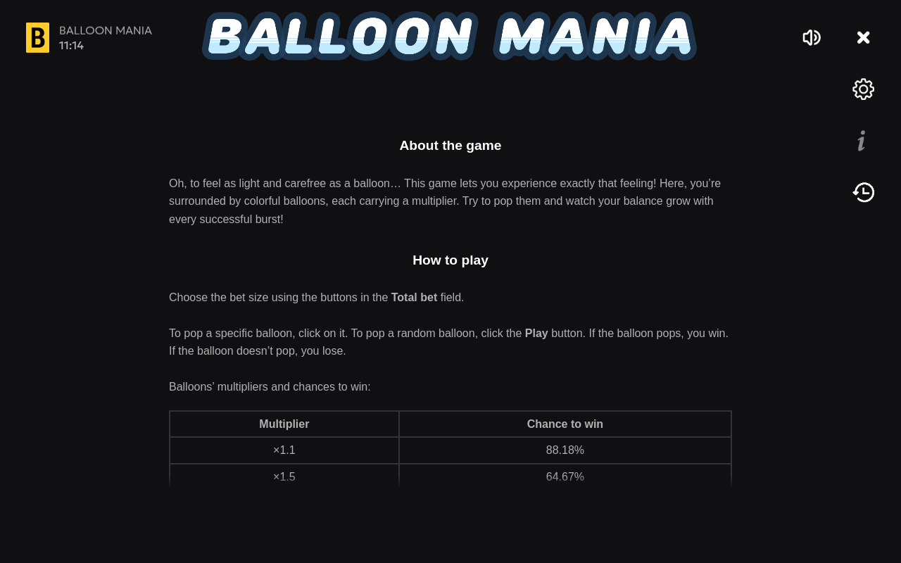 Balloon Mania information screen