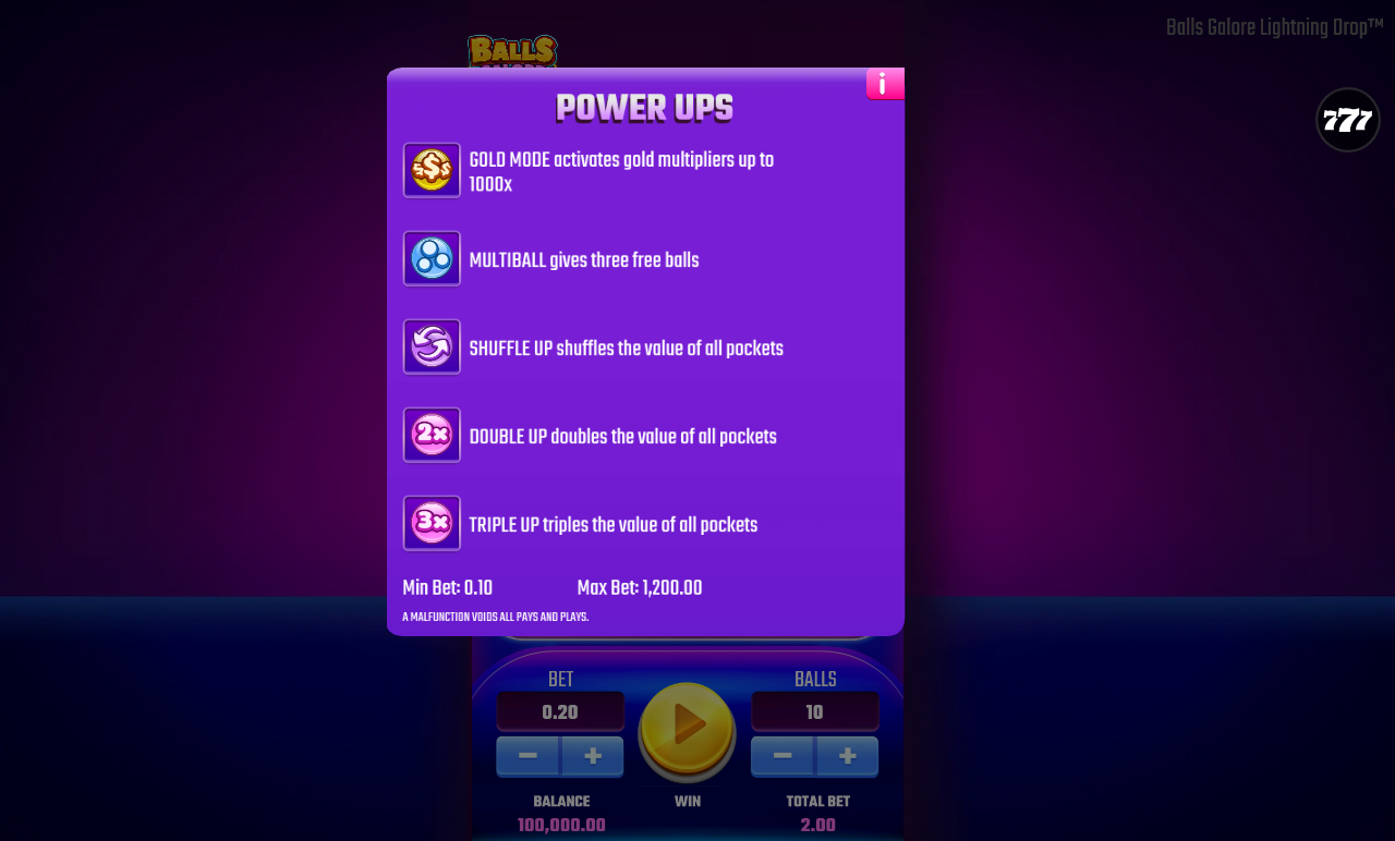 Balls Galore Lightning Drop game information screen