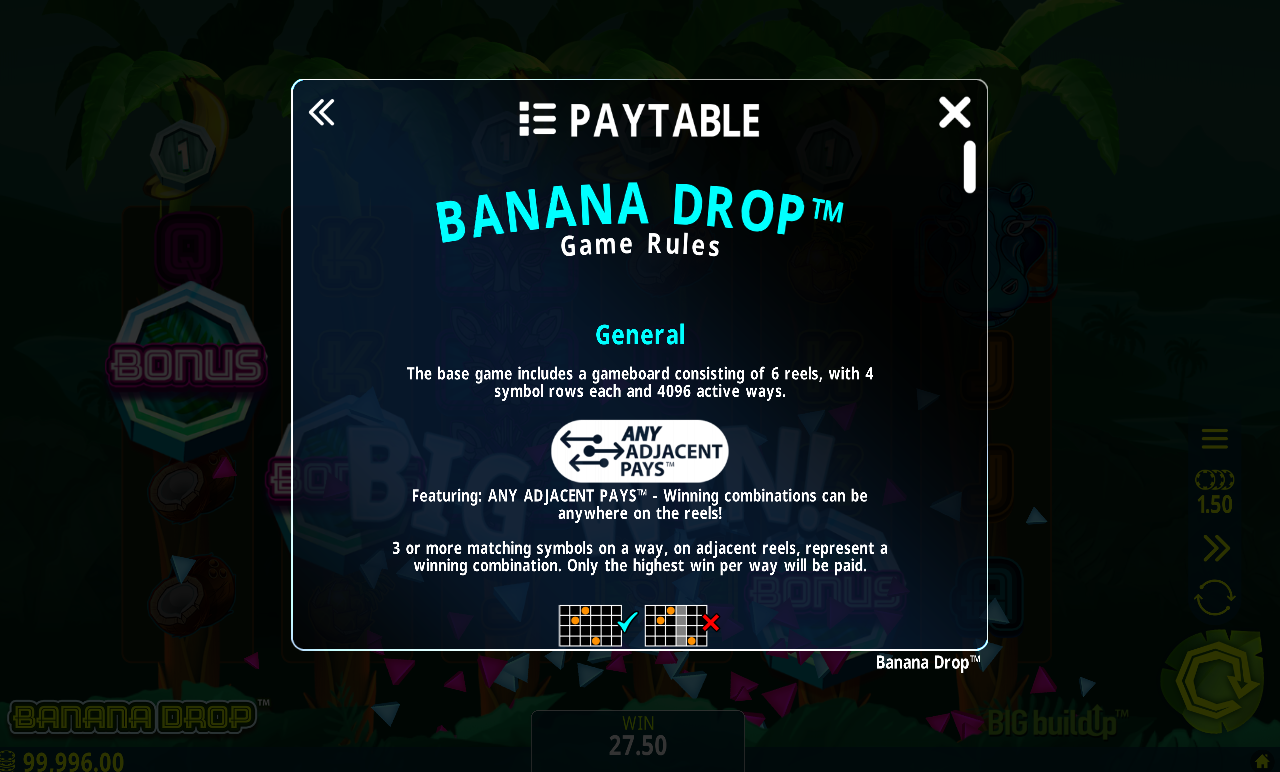 Banana Drop Any Adjacent Pays rules