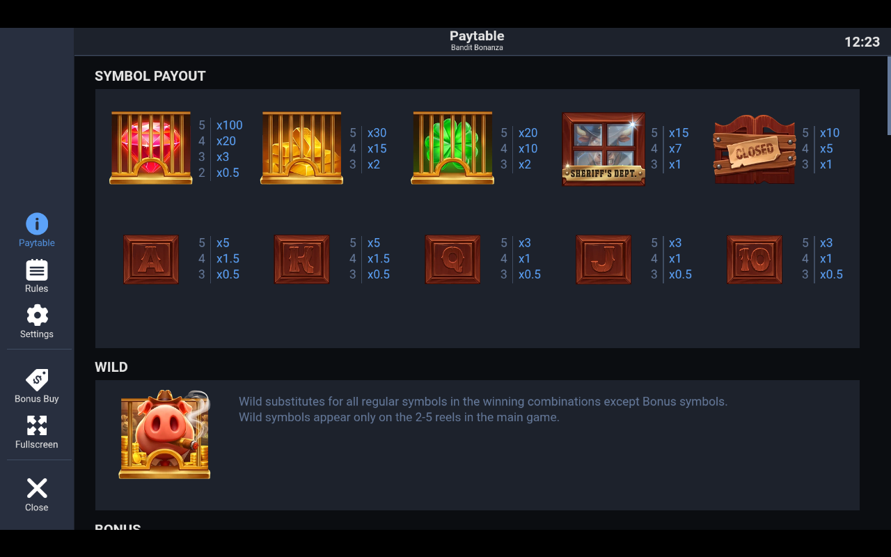 Bandit Bonanza information screen