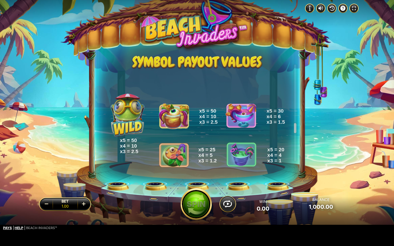 Beach Invaders information screen