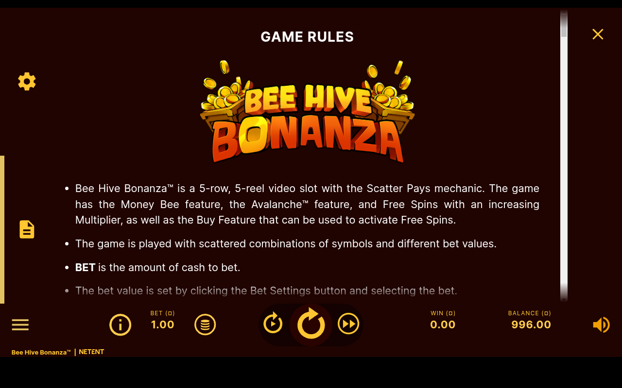 Bee Hive Bonanza information screen