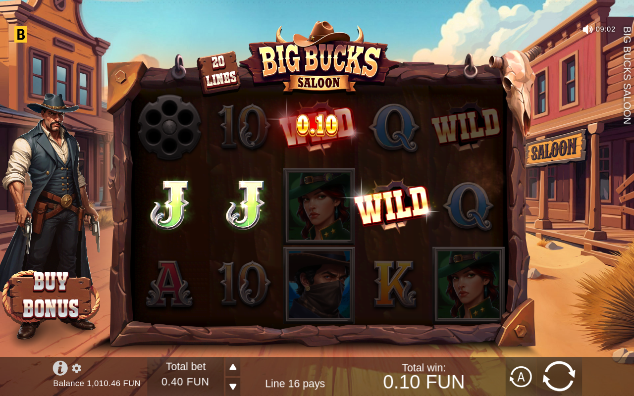 Big Bucks Saloon gameplay showing wild symbols on a payline