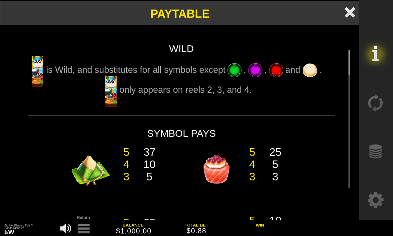 Big Hot Flaming Pots Panda Riches information screen
