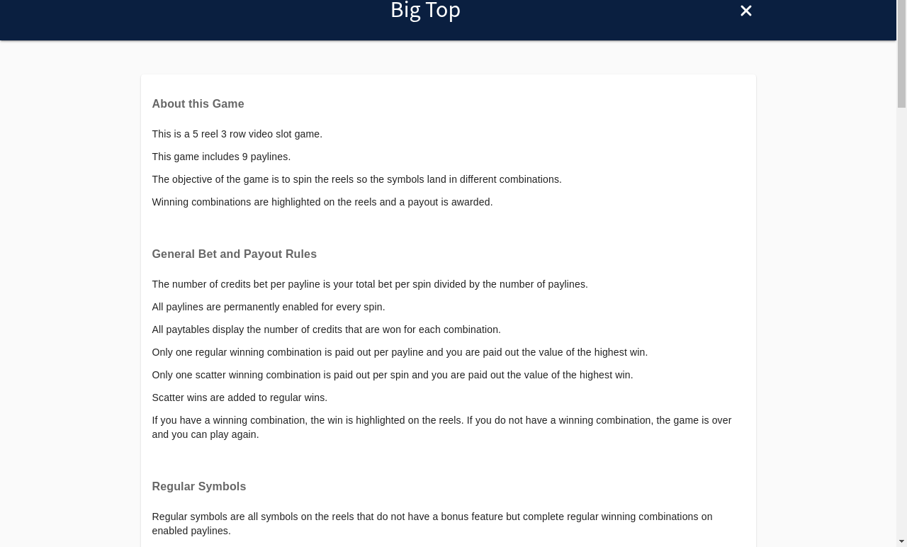 Big Top symbols and paylines information