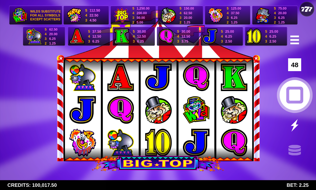 Big Top gameplay with wild on reel three
