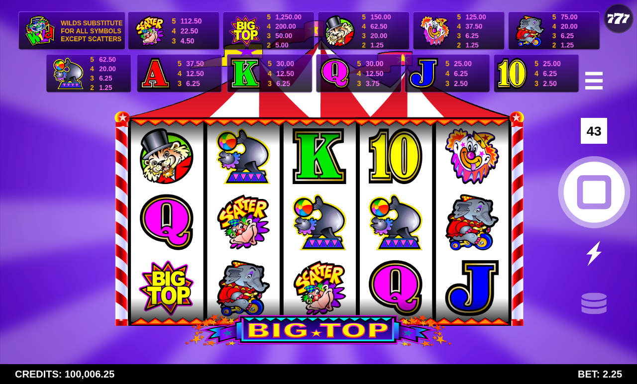 Big Top gameplay with scatters on the reels