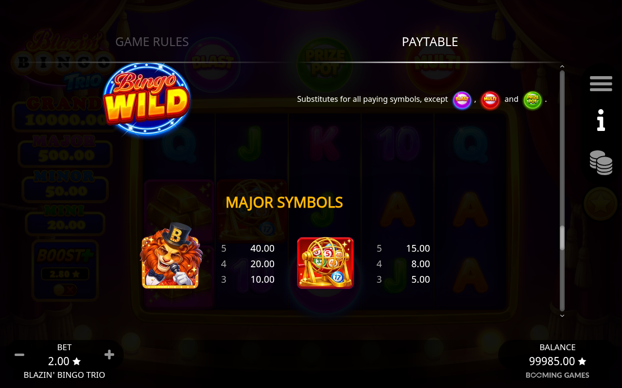 Blazin' Bingo Trio information screen