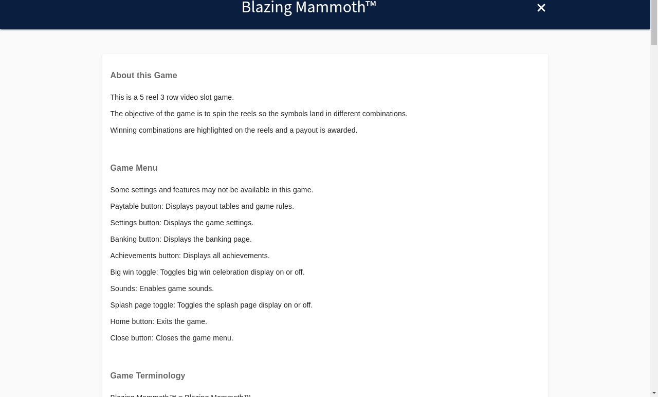 Blazing Mammoth information screen
