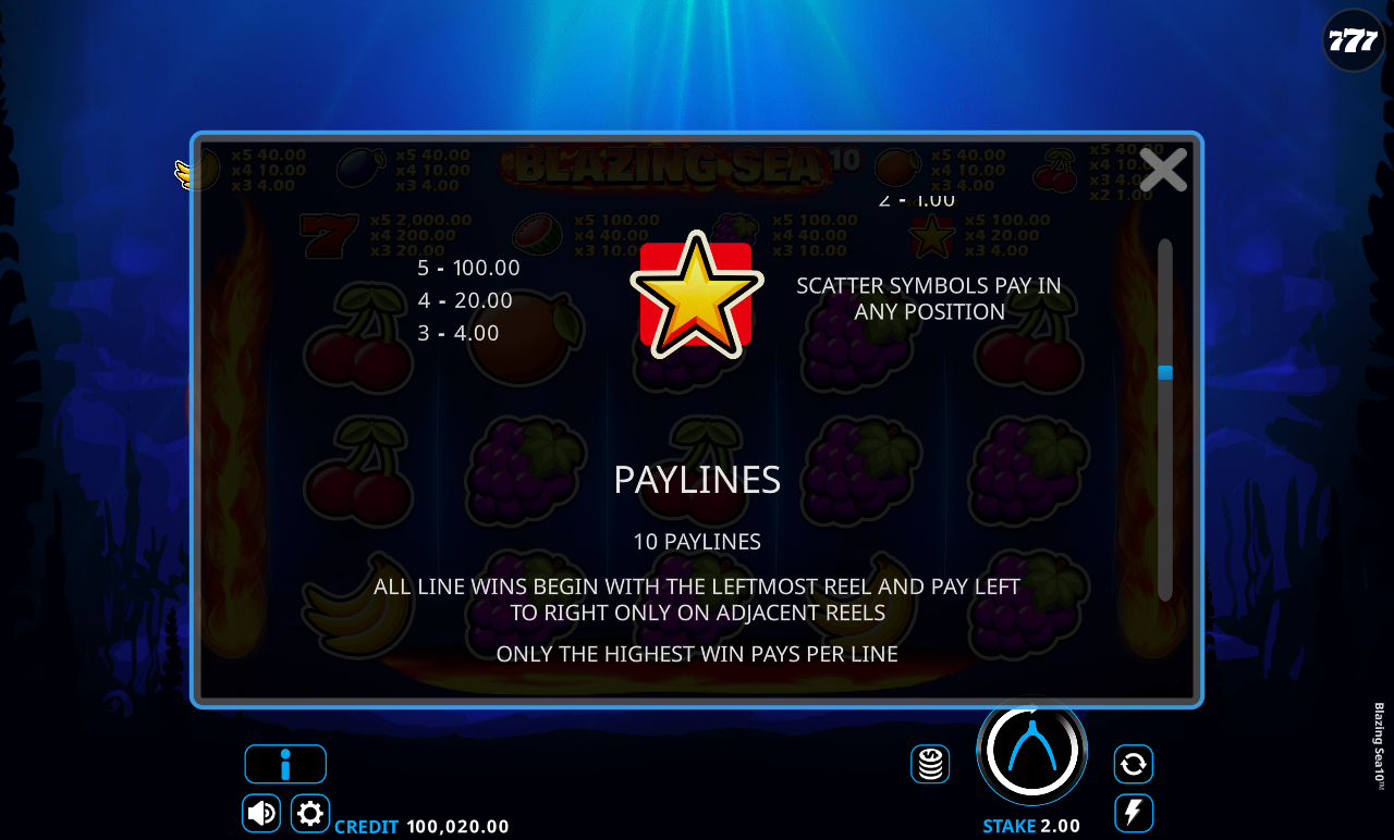 Blazing Sea 10 scatter rules